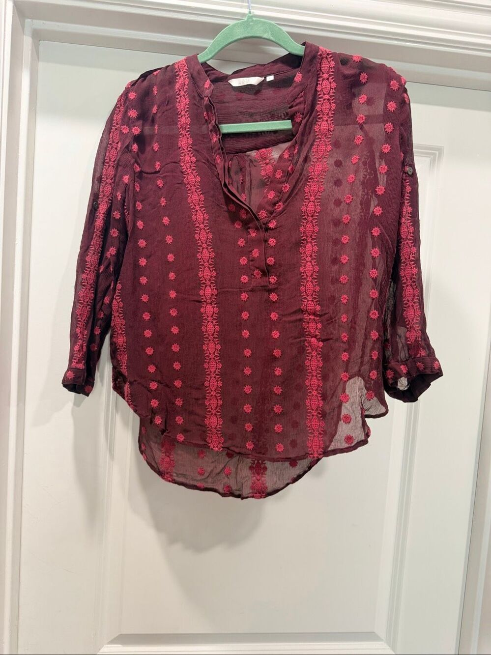 Zoa New York Silk Sheer Embroidered Blouse Burgundy Red Dot Boho Sz L
